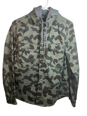 Express Camo Hooded Button-Front Shirt Jacket Green & Brown Men's Size S